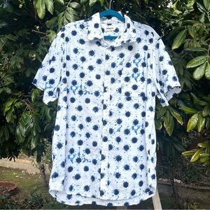 TAYLOR STITCH white blue tie dye print organic cotton linen blend button up